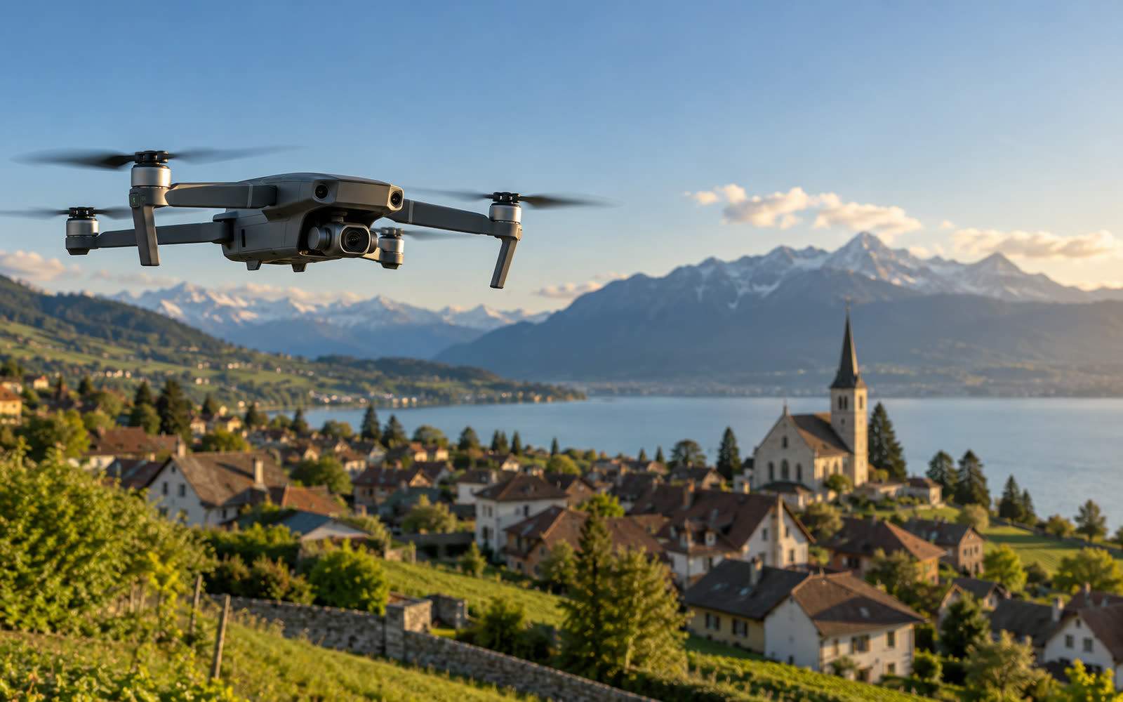 Drone en vol au-dessus d’un village au bord du lac, Alpes au fond