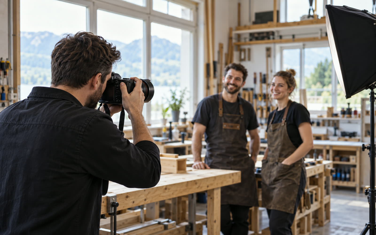 Photographe qui photographie deux artisans dans leur atelier