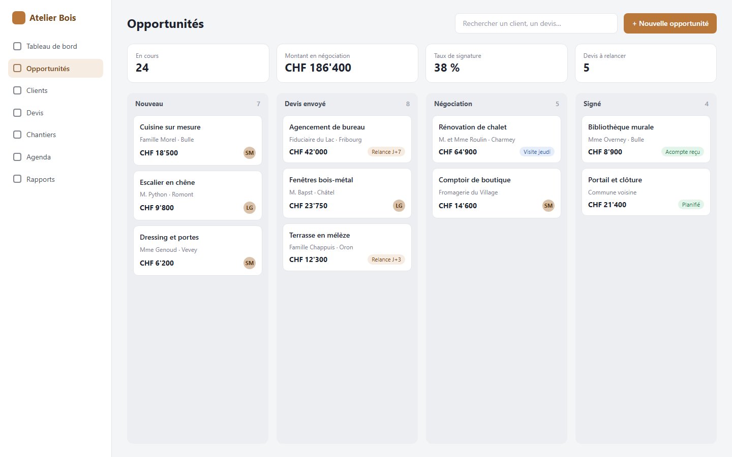 Exemple de CRM : suivi des opportunités d'une menuiserie