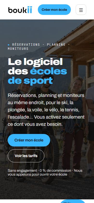 Page d'accueil du nouveau site de Boukii sur mobile