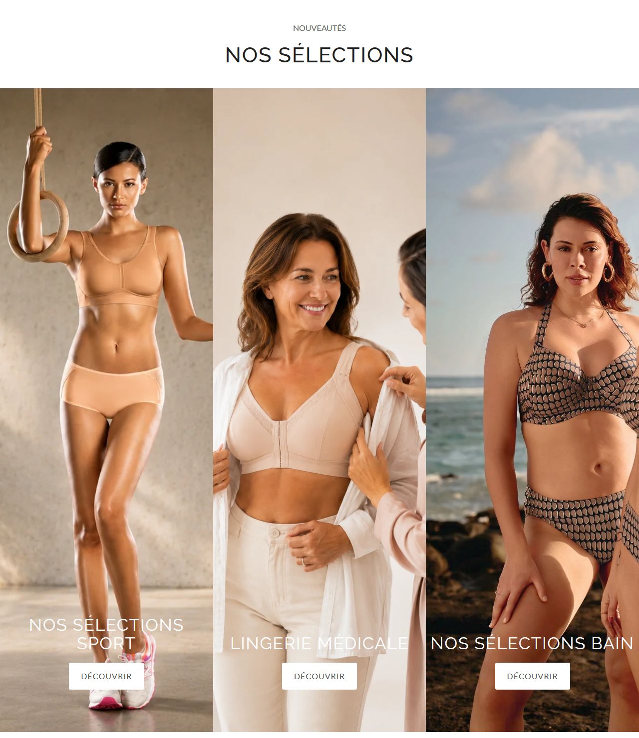 Les sélections Sport, Lingerie médicale et Bain sur l'accueil de rosabelle-lingerie.ch