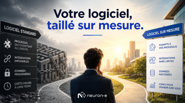 Panneau routier opposant logiciel standard et logiciel sur mesure — Neuron-e, Suisse romande
