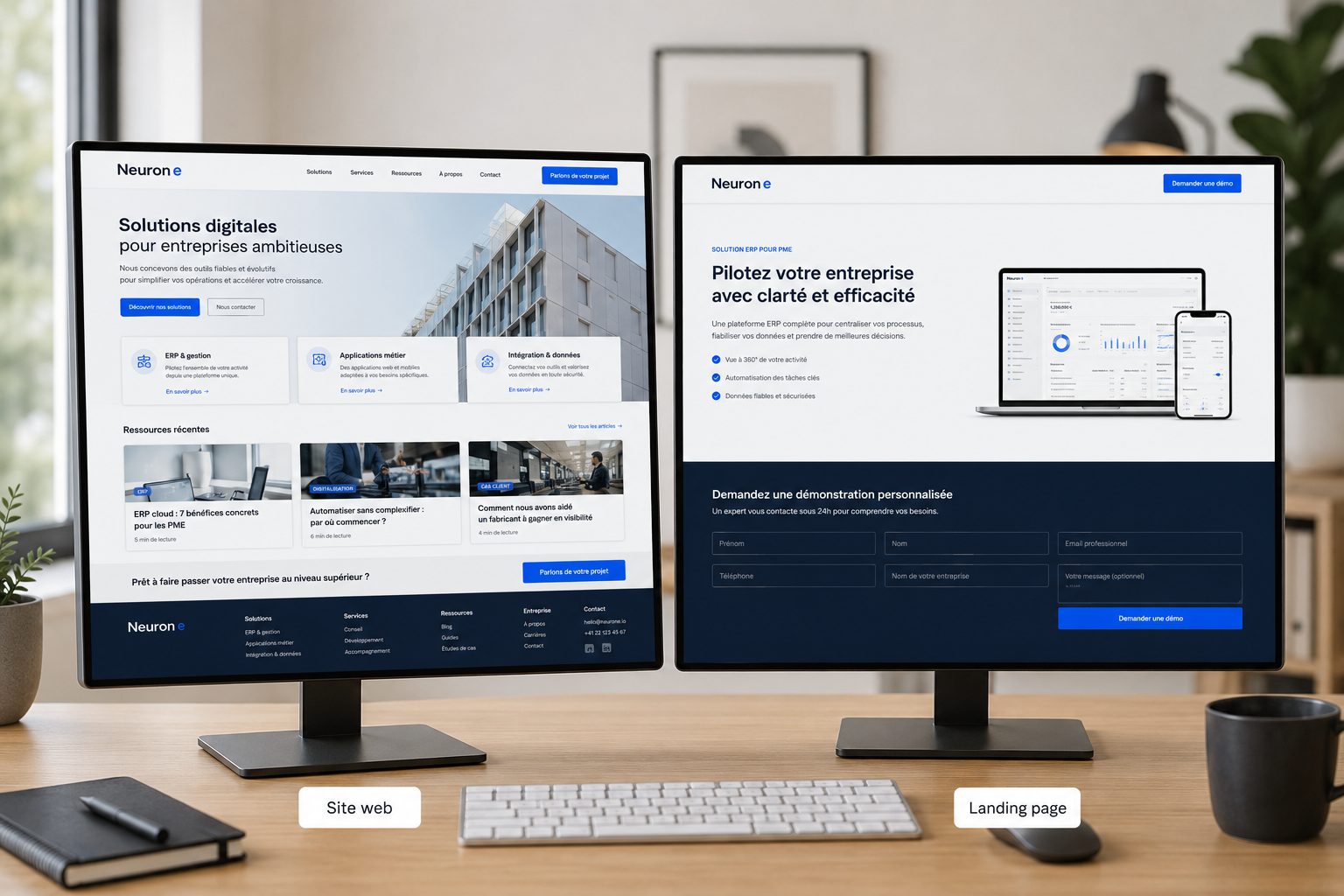 Comparaison côte à côte entre un site web complet et une landing page focalisée sur une seule conversion.